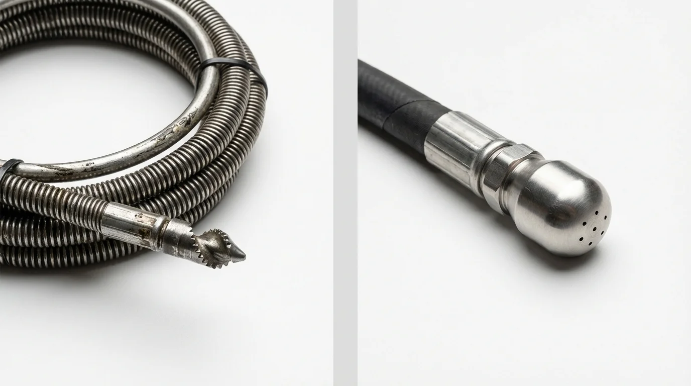 Drain snake cable and hydro jetting nozzle used for drain cleaning in Hull, IA